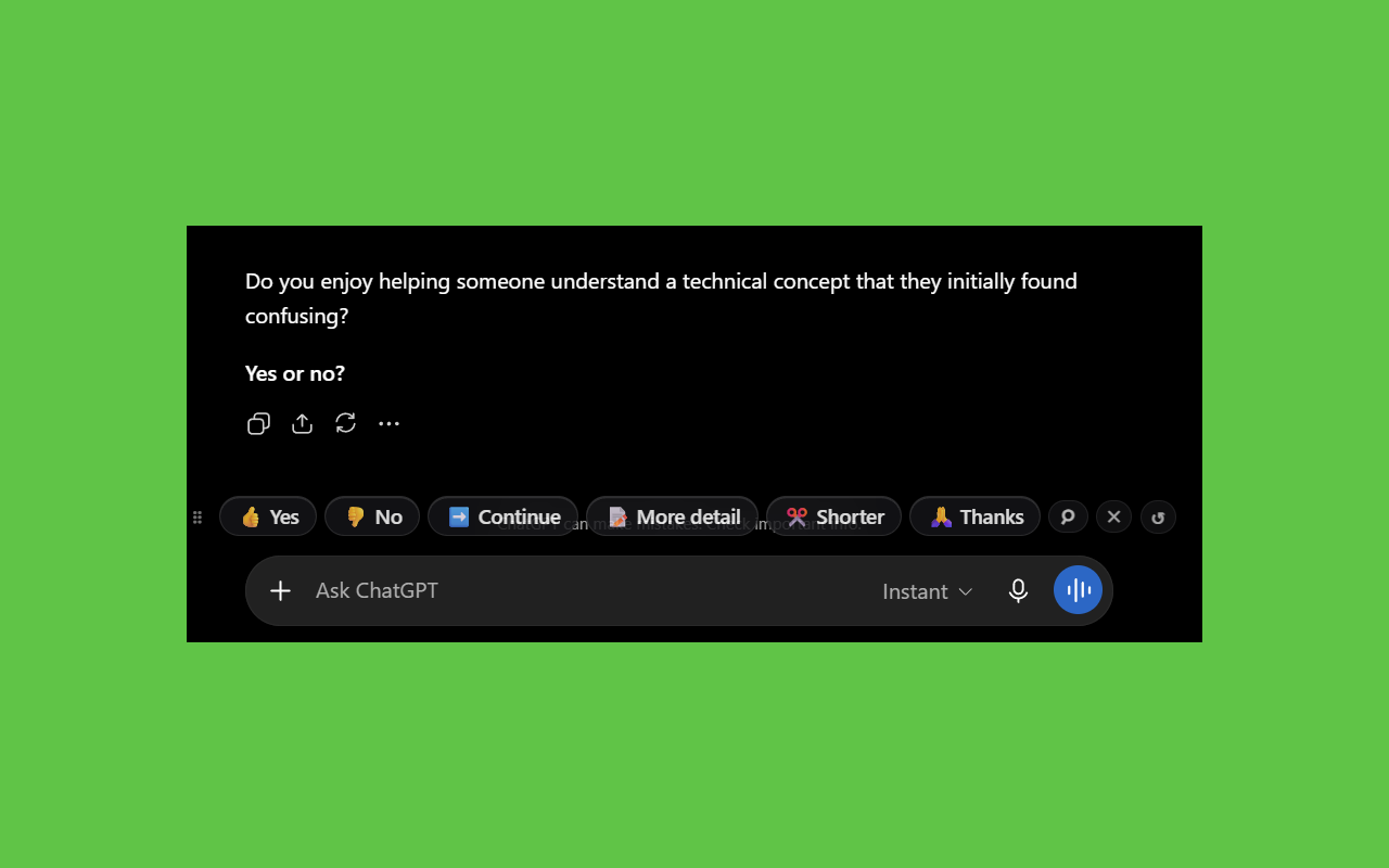 Prompticon toolbar with Yes, No, Continue, More detail, Shorter and Thanks chips above the ChatGPT composer