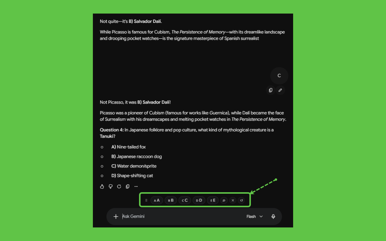 Smart question detection offering A to E answer chips under a quiz question in Gemini