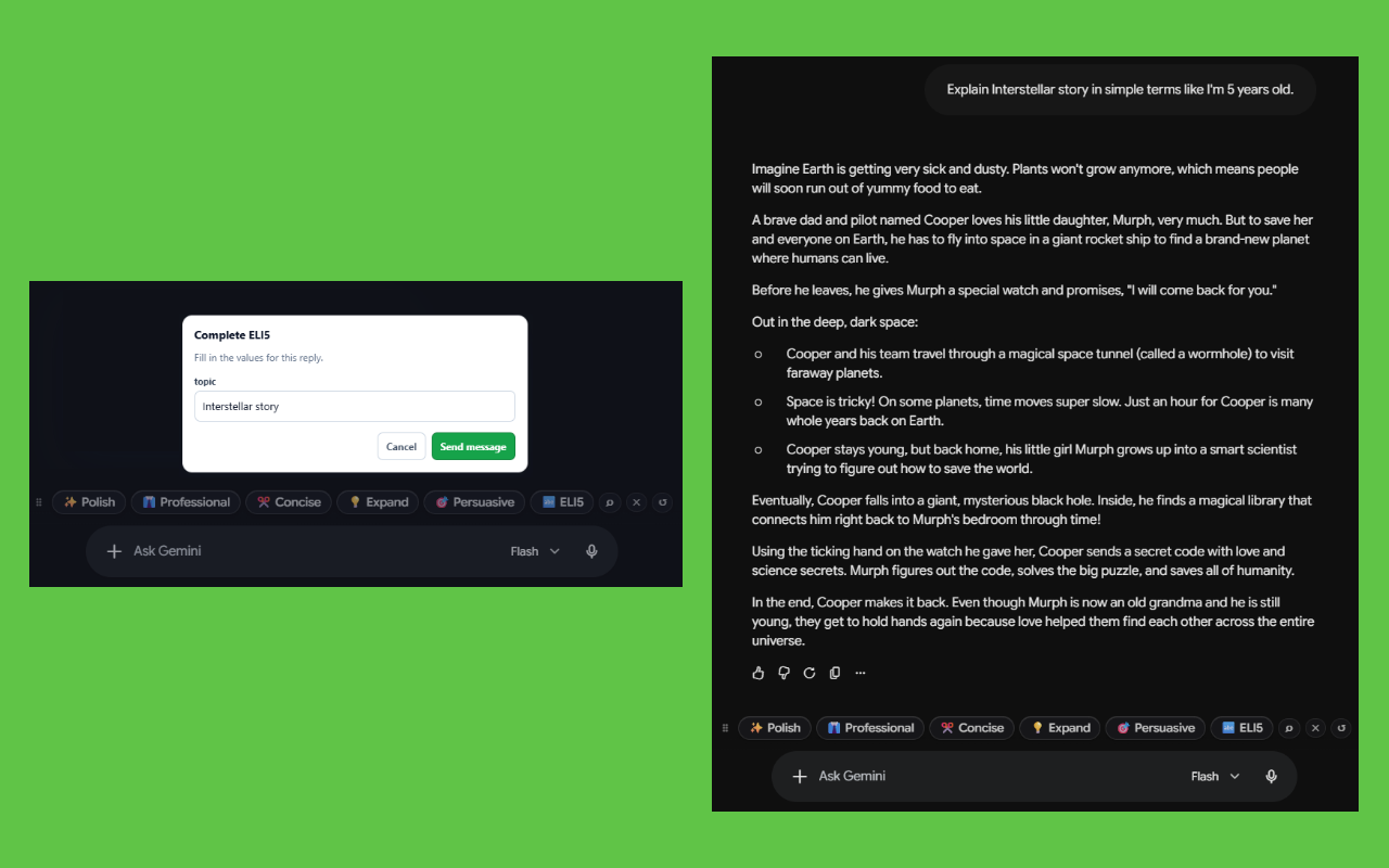 Writer profile toolbar and the Complete ELI5 template variable dialog asking for a topic value