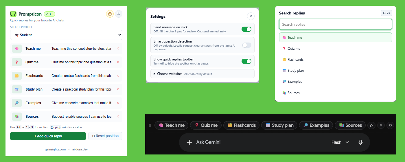 Prompticon popup with the Student profile, the settings panel and the searchable reply palette
